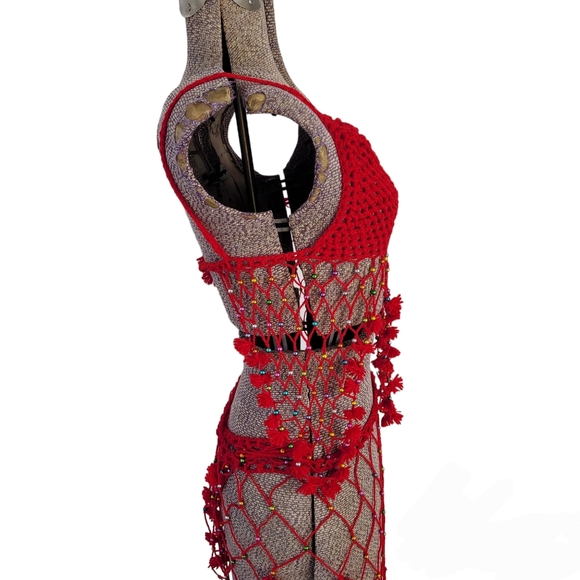 2 piece handmade red crochet swimsuit cover-up - Picture 4 of 11